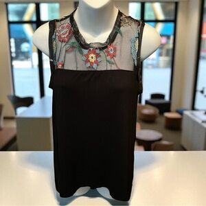 Kim & Cami Floral Embroidered Mesh black Top, high low, Medium